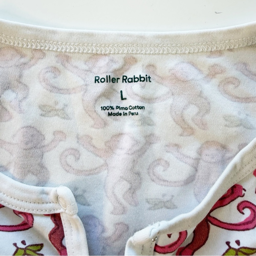Roller Rabbit Pajama Shirt Top Womens Large Monkey Henley Pink White - Picture 4 of 5